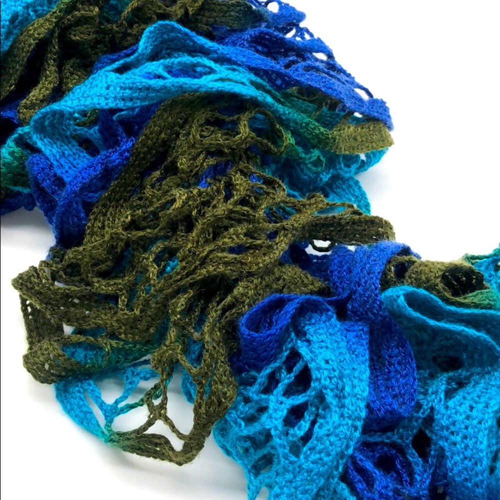 Crocheted Waterfall Handmade Scarf blue/teal/green